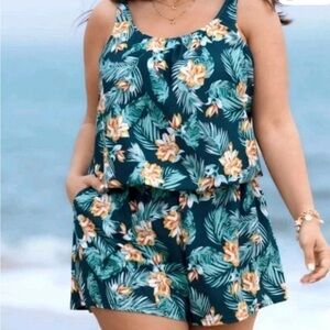 BloomChic Tropical Floral One Piece Swimsuit - Teal and White